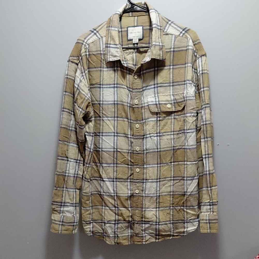 American Eagle Outfitters Tan and Blue Plaid Buttondown Shirt Large Tall